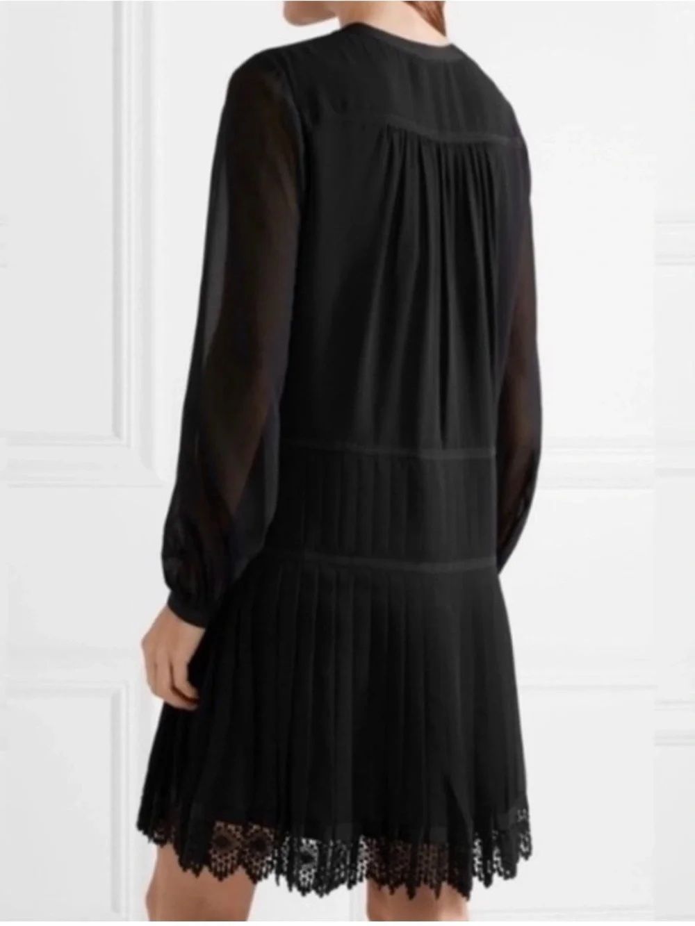 Tory Burch Black Sydney Pleated Shift Mini Dress Lace Hem Long Sleeve LBD Size 2